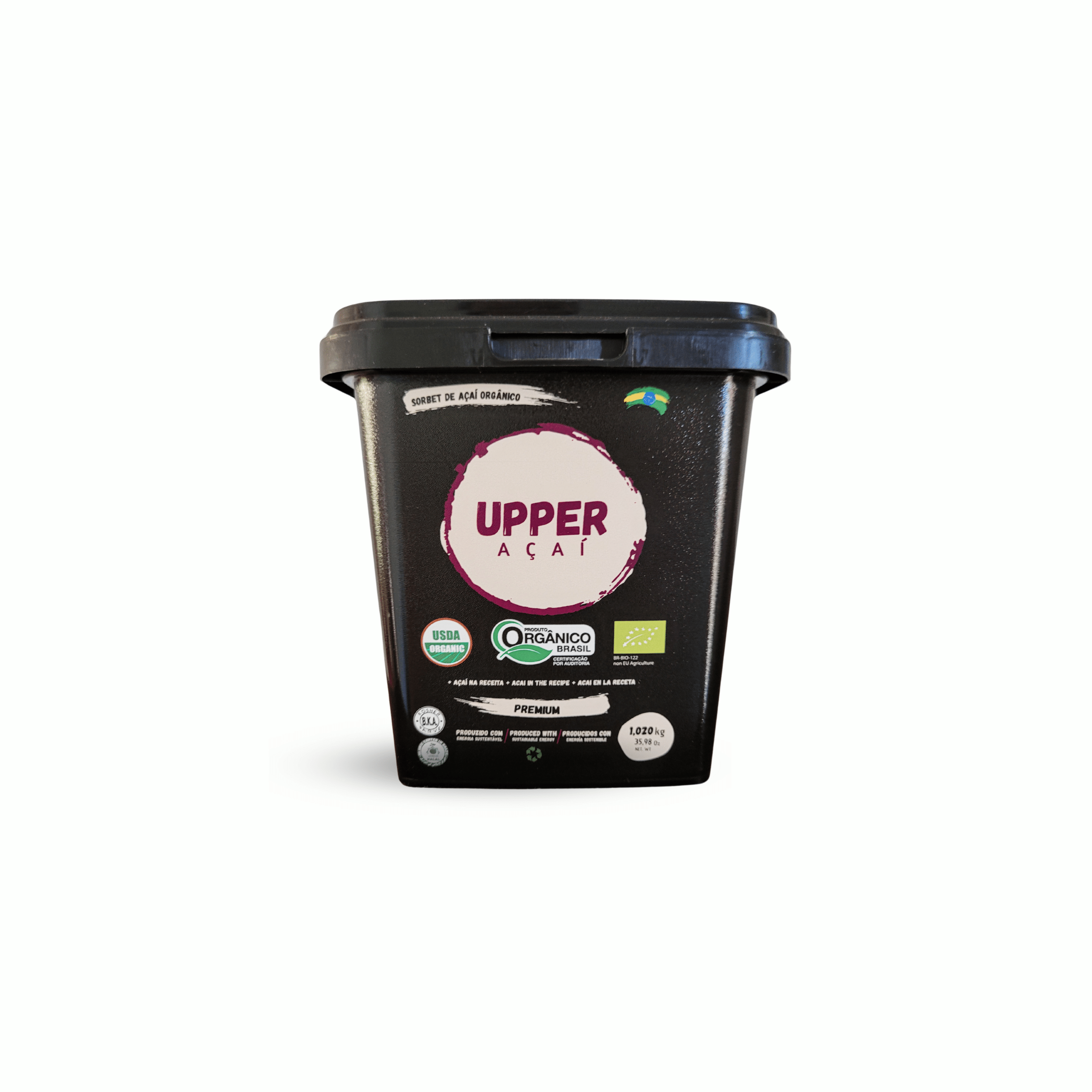 Pot noir de sorbet Açaí biologique Premium UPPER, certifié USDA Organic et Orgnico Brasil, contenant 1,020 kg.
