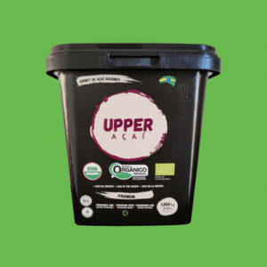 Conteneur noir de Sorbet d'Açaí Biologique Upper Açaí, affichant les labels USDA Organic, Orgânico Brasil, et UE Agriculture, poids 1,020 kg.