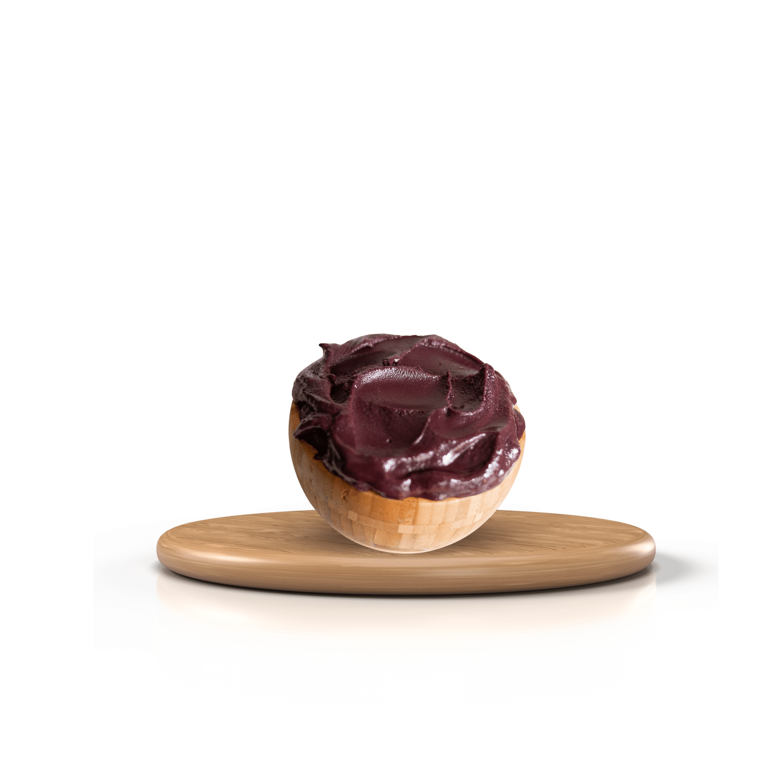 Bol en bois rempli d'açaí onctueux et violet, présenté sur un présentoir en bois clair sur fond vert forêt.