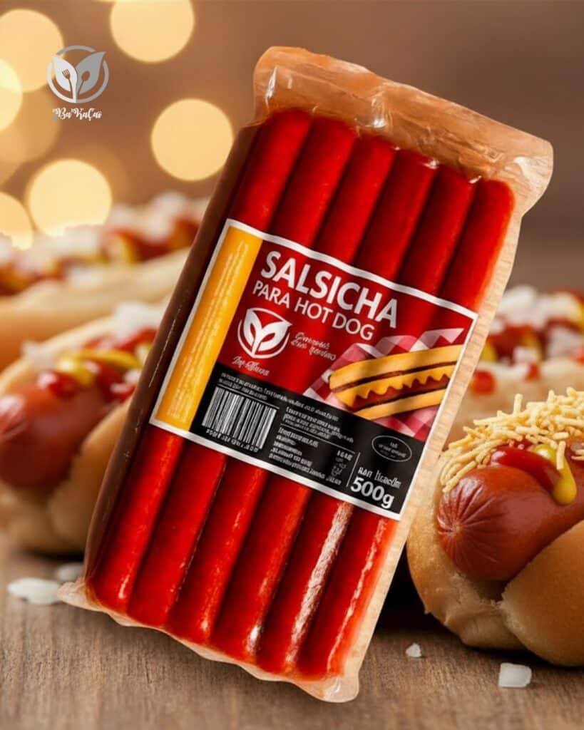 Paquet de Salsicha para Hot Dog de 500g avec logo 'Bo Katu' sur fond de hot-dogs garnis de frites chips.