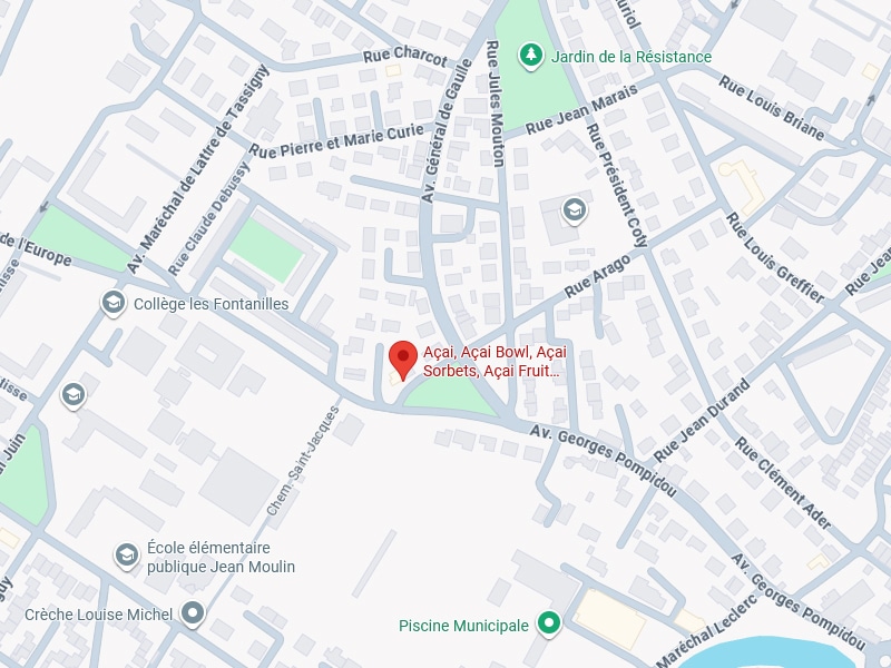 Carte de la zone autour du 'Açaï, Açaï Bowl, Açaï Sorbets, Açaï Fruit...' indiquant des rues comme Av. Georges Pompidou, Rue Jean Marais, et l'École Jean Moulin.